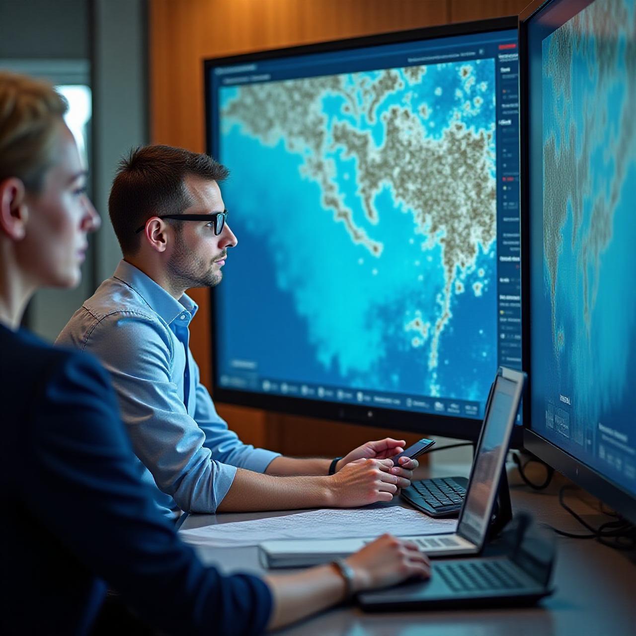 Consultant en environnement marin travaillant sur une carte côtière